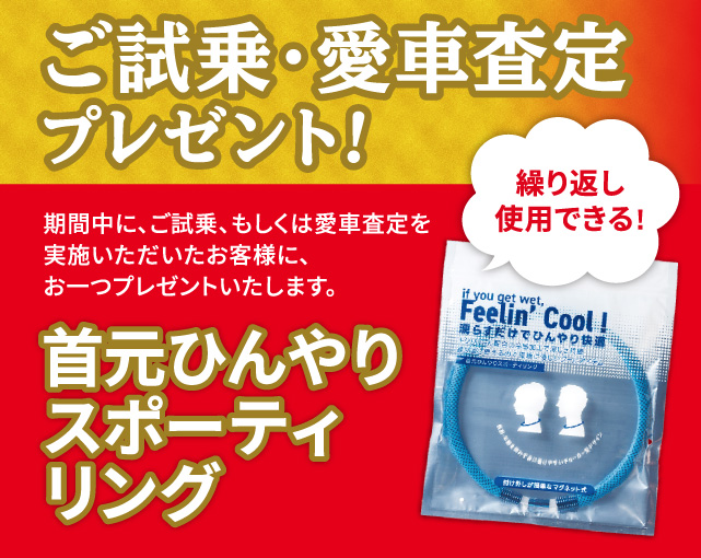 期間中に、ご試乗、もしくは愛車査定を実施いただいたお客様に、お一組様お一つプレゼントします。