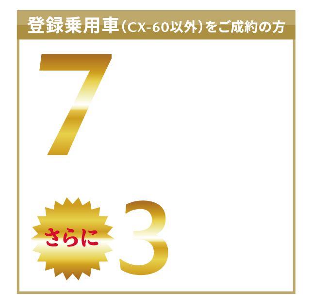 登録乗用車（CX-60以外）をご成約の方　マツダ純正オプション7万円分（消費税込）プレゼント。下取り車のある方はさらに3万円分（消費税込）プレゼント。